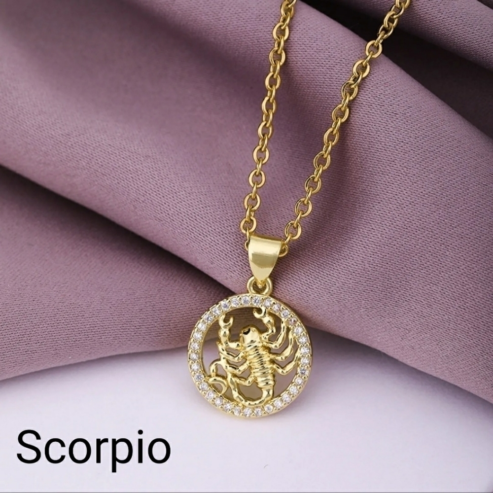 Oct-Nov Scorpio Zodiac Necklace Inlaid Zircon Gold Plated Stainless Steel - Picture 13 of 17